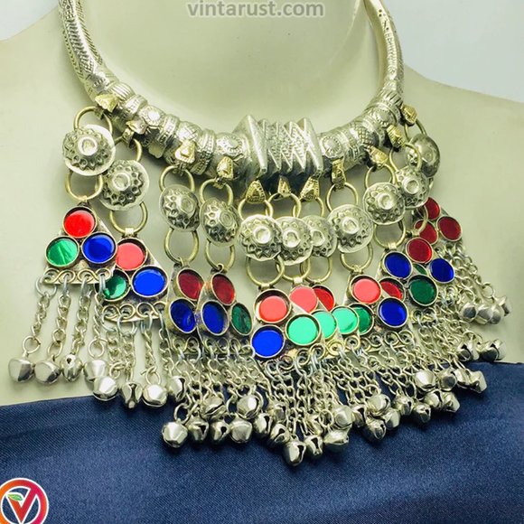 Tribal Silver Torque Choker Necklace With Multicolor Glass Stones - Picture 2 of 7